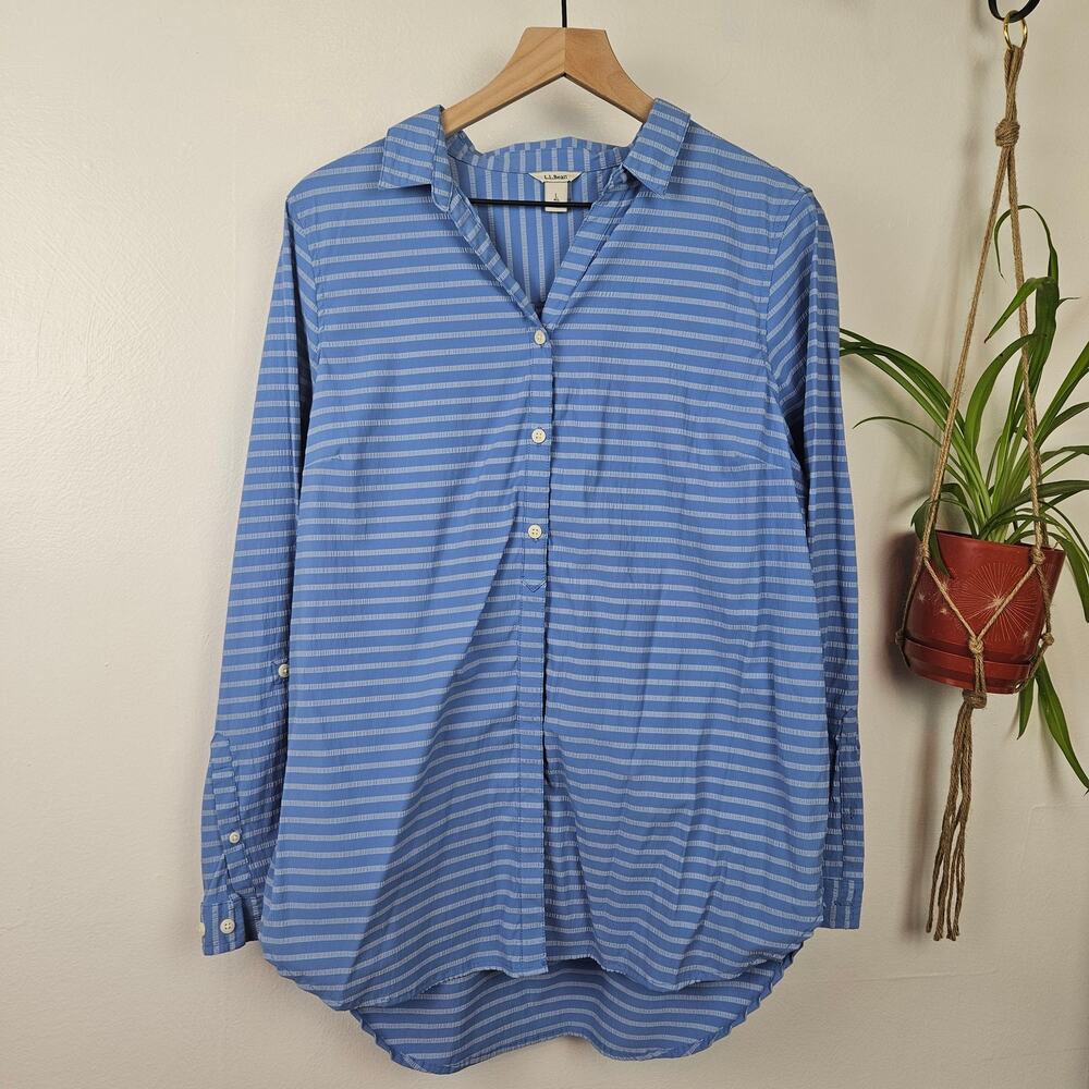 LL Bean Travel Tunic Top Women's L BlueStripe Popover Roll Tab Sleeve Tech